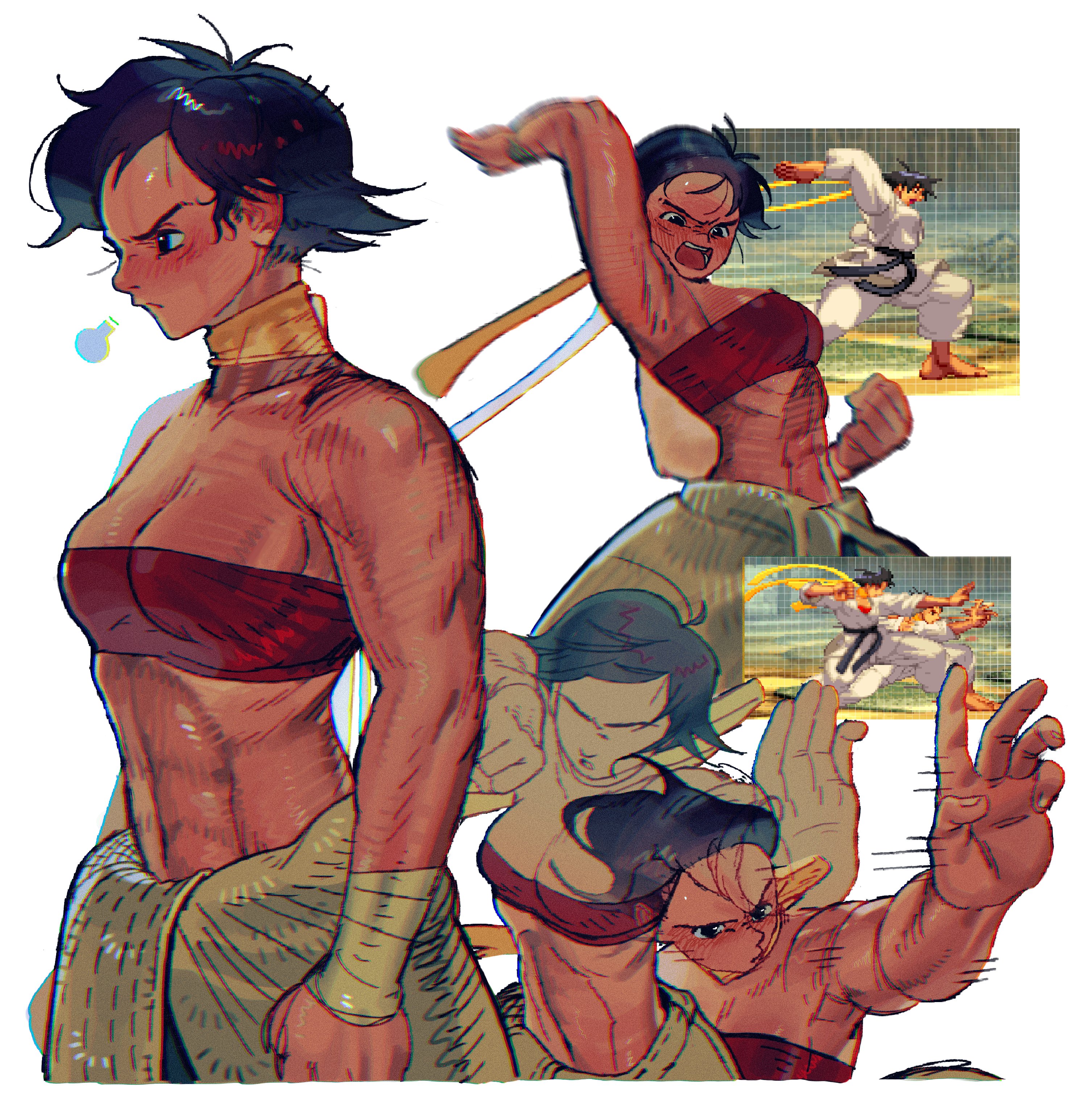 kengyou lei, makoto (street fighter), street fighter, street fighter iii (series), absurdres, commentary request, highres, 1girl, bandaged hand, bandages, belt, black belt, black hair, blush, bra, breasts, cleavage, collarbone, dougi, drooling, ear blush, exposed muscle, fighting stance, from side, full-face blush, hair blush, hairband, headband, karate, karate chop, karate gi, large breasts, light blush, looking to the side, loose clothes, medium breasts, motion lines, mouth drool, muscular, muscular female, nose blush, open mouth, palm strike, red bra, saliva, seeing stars, shaking head, shiny skin, short hair, sigh, simple background, single bare shoulder, solo, speed lines, sprite, sweat, tomboy, toned, toned female, tongue, training, training bra, underwear, white background, white dougi, wide-eyed, yellow hairband, yellow headband