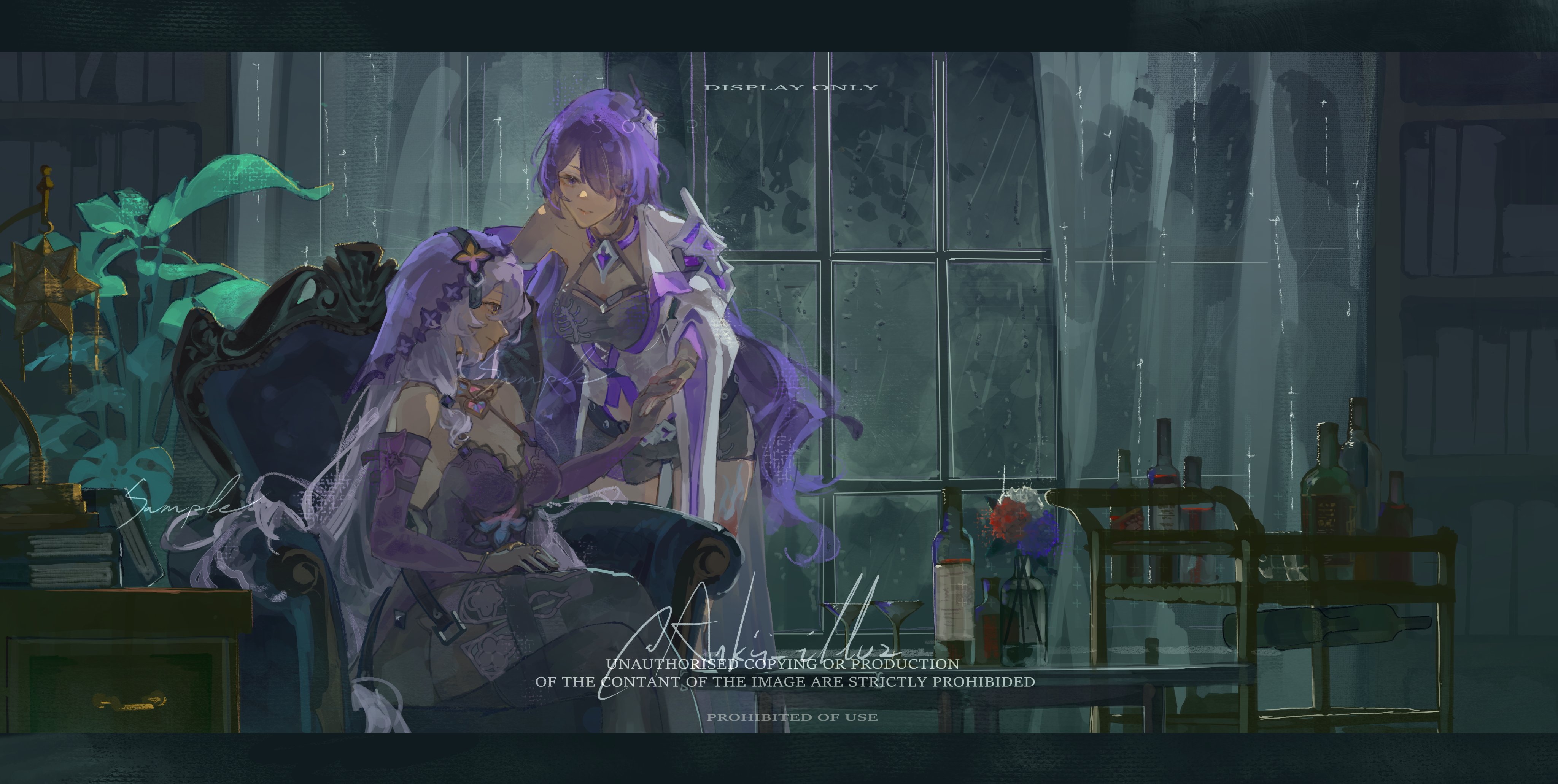 ankii illus, acheron (honkai: star rail), black swan (honkai: star rail), honkai: star rail, honkai (series), absurdres, commentary, english commentary, hashtag-only commentary, highres, 2girls, bottle, cart, couch, crop top, crossed legs, curtains, detached sleeves, dress, hair ornament, indoors, jacket, long hair, multiple girls, on couch, open clothes, open jacket, pantyhose, plant, purple hair, sitting, table, veil, very long hair, window, wine bottle