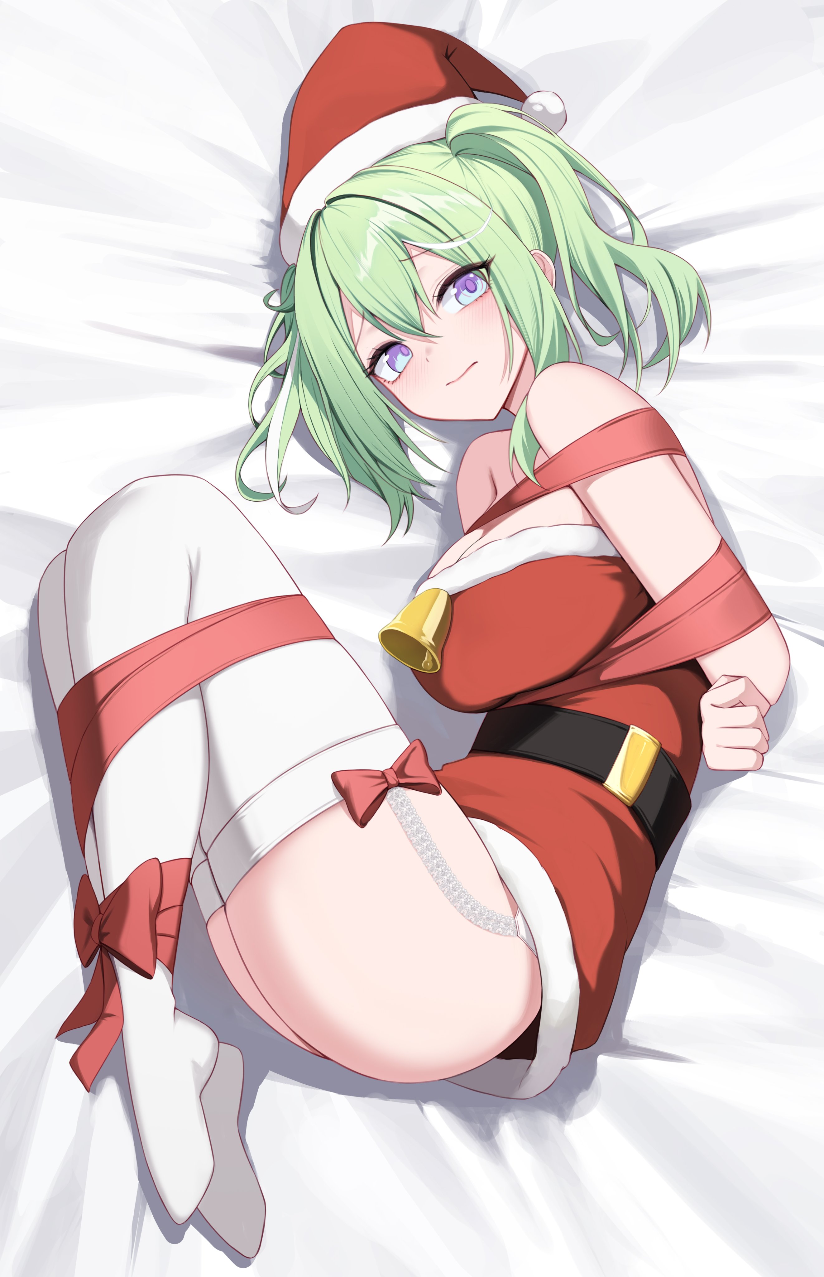 yt9676, yuzuha riko, stellive, absurdres, commentary request, highres, korean commentary, 1girl, bdsm, bell, belt, black belt, bondage, bound, bound arms, bound legs, bound torso, bow, bow legwear, breasts, closed mouth, double-parted bangs, dress, fetal position, fur-trimmed dress, fur trim, garter straps, green hair, hair between eyes, hat, large breasts, long bangs, looking at viewer, lying, medium hair, microdress, no shoes, on bed, on side, purple eyes, raised inner eyebrows, red bow, red dress, santa costume, santa hat, solo, strapless, strapless dress, thighhighs, twintails, virtual youtuber, white garter straps, white thighhighs
