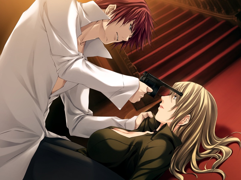 sugina miki, kudoh sousuke, kudou sousuke, soma aoi, souma aoi, pianissimo (game), pp: pianissimo, game cg, 1boy, 1girl, at gunpoint, blonde hair, breasts, cleavage, defeat, dress shirt, gun, gun to head, handgun, large breasts, long hair, mauser c96, no bra, pistol, red hair, shirt, weapon