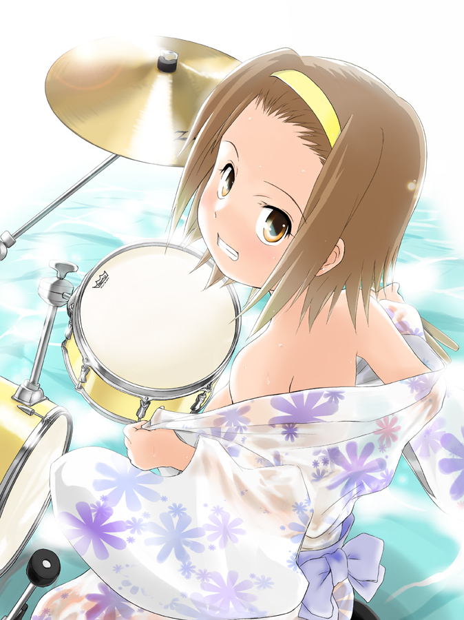 wancho, tainaka ritsu, k-on!, 00s, 1girl, bare shoulders, bow, brown eyes, brown hair, drum, drum set, drumsticks, female focus, from above, grin, hairband, instrument, japanese clothes, kimono, kimono pull, looking up, see-through clothes, short hair, smile, solo, undressing, water, yukata