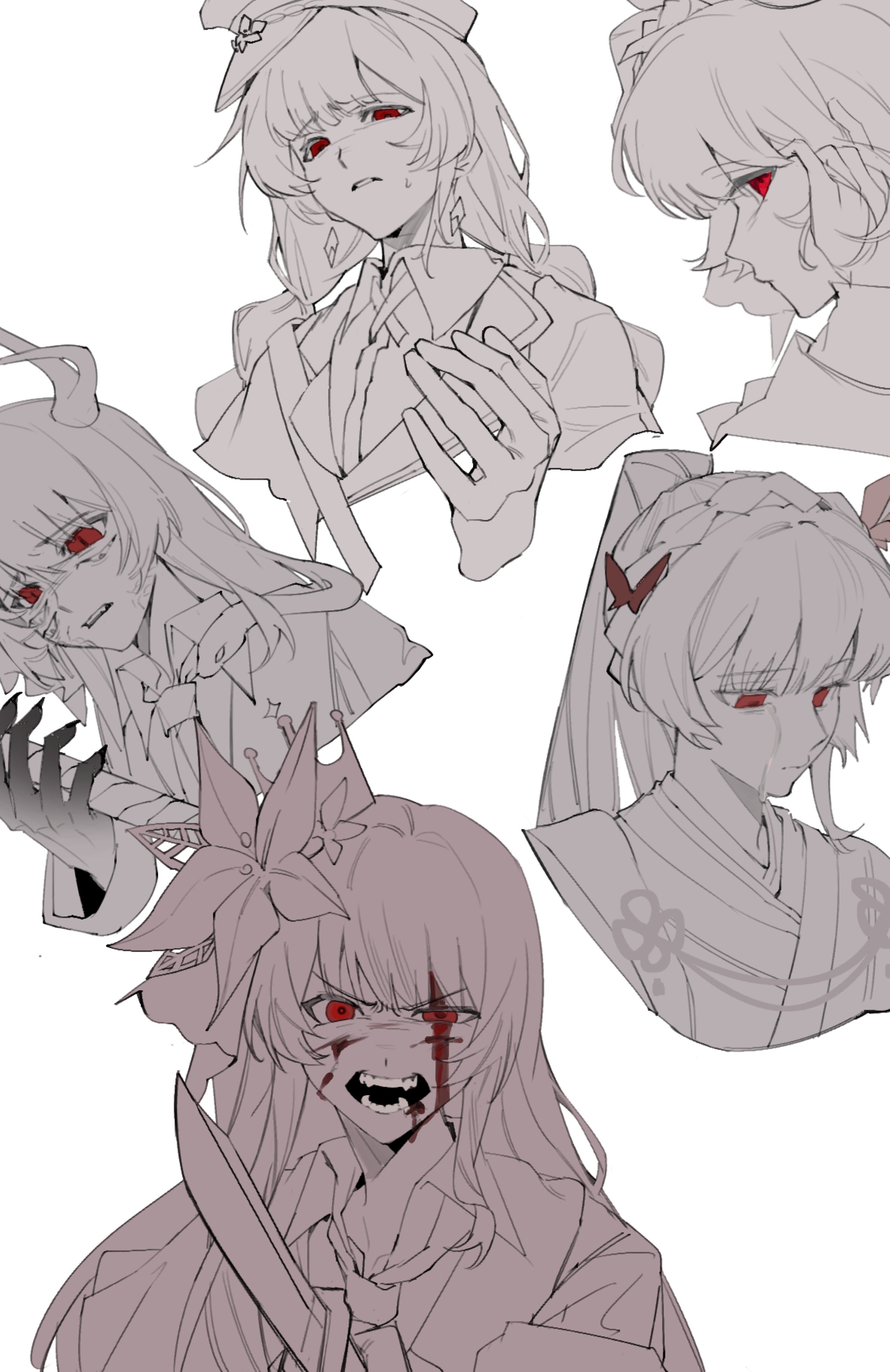 lnyulingyu77609, nikaido hiro, mahou shoujo no majo saiban, absurdres, chinese commentary, commentary request, highres, 1girl, angry, blood, blood on face, braid, closed mouth, crying, crying with eyes open, flower, hair flower, hair ornament, haishin shoujo no uraaka meikyuu, hat, horns, long hair, looking at viewer, mahou shoujo no inshuu mura, multiple views, official alternate costume, official alternate hairstyle, open mouth, peaked cap, ponytail, profile, red eyes, sad, simple background, spot color, tears, twin braids, upper body, white background, witch (manosaba)