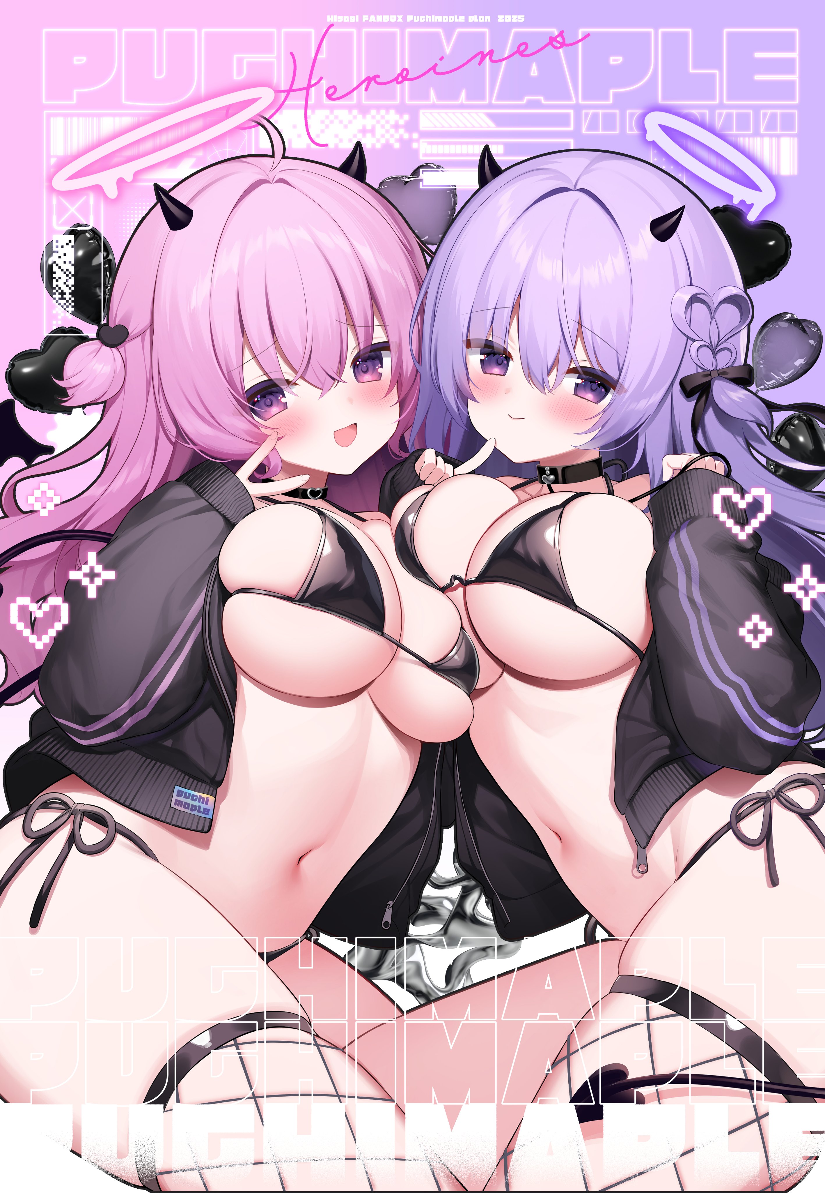 hisagi (puchimaple), original, absurdres, commentary request, highres, 2girls, ahoge, artist name, asymmetrical docking, bikini, black bikini, black bow, black horns, black thighhighs, blush, bow, breast press, breasts, closed mouth, demon girl, demon horns, demon tail, fishnet thighhighs, fishnets, hair between eyes, hair bow, hair intakes, hair ornament, halo, hands up, heart, heart hair ornament, horns, large breasts, long bangs, long hair, melting halo, multiple girls, navel, one side up, open mouth, pink eyes, pink hair, pink halo, purple eyes, purple hair, purple halo, raised inner eyebrows, side-tie bikini bottom, small horns, smile, stomach, string bikini, swimsuit, tail, thighhighs, v