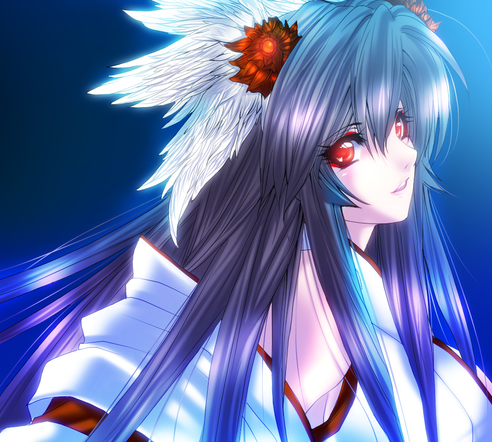 juri (shiningred), original, bad id, bad pixiv id, blue hair, detached sleeves, hair ornament, japanese clothes, looking back, miko, red eyes, solo