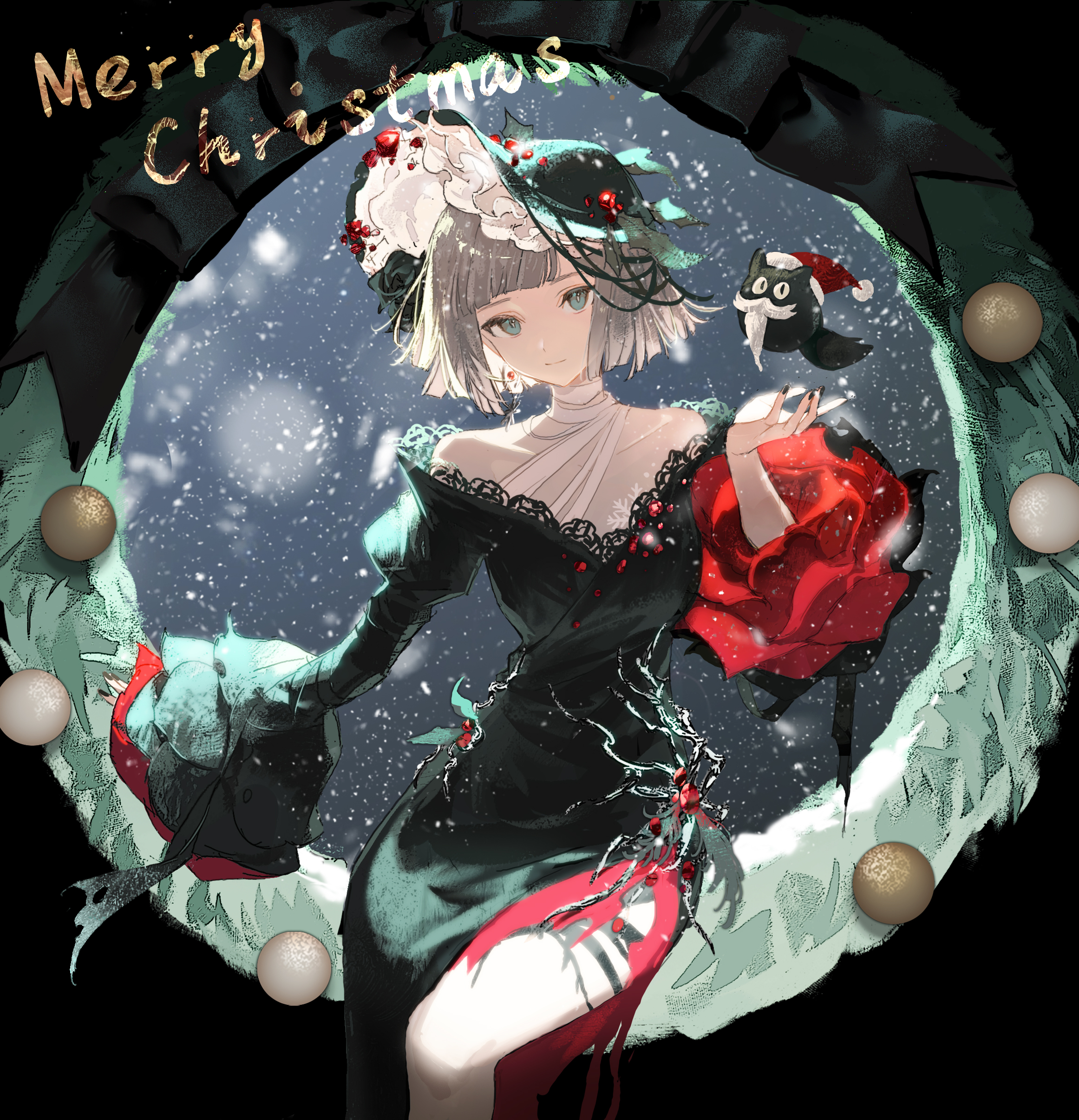 guagua0313, mercuria (reverse:1999), reverse:1999, absurdres, commentary, highres, symbol-only commentary, 1girl, aqua eyes, black dress, black hat, black nails, brown hair, closed mouth, dress, earrings, hat, jewelry, lace, lace-trimmed dress, lace trim, long sleeves, looking at viewer, merry christmas, nail polish, santa hat, short hair, side slit, solo, two-sided dress, two-sided fabric