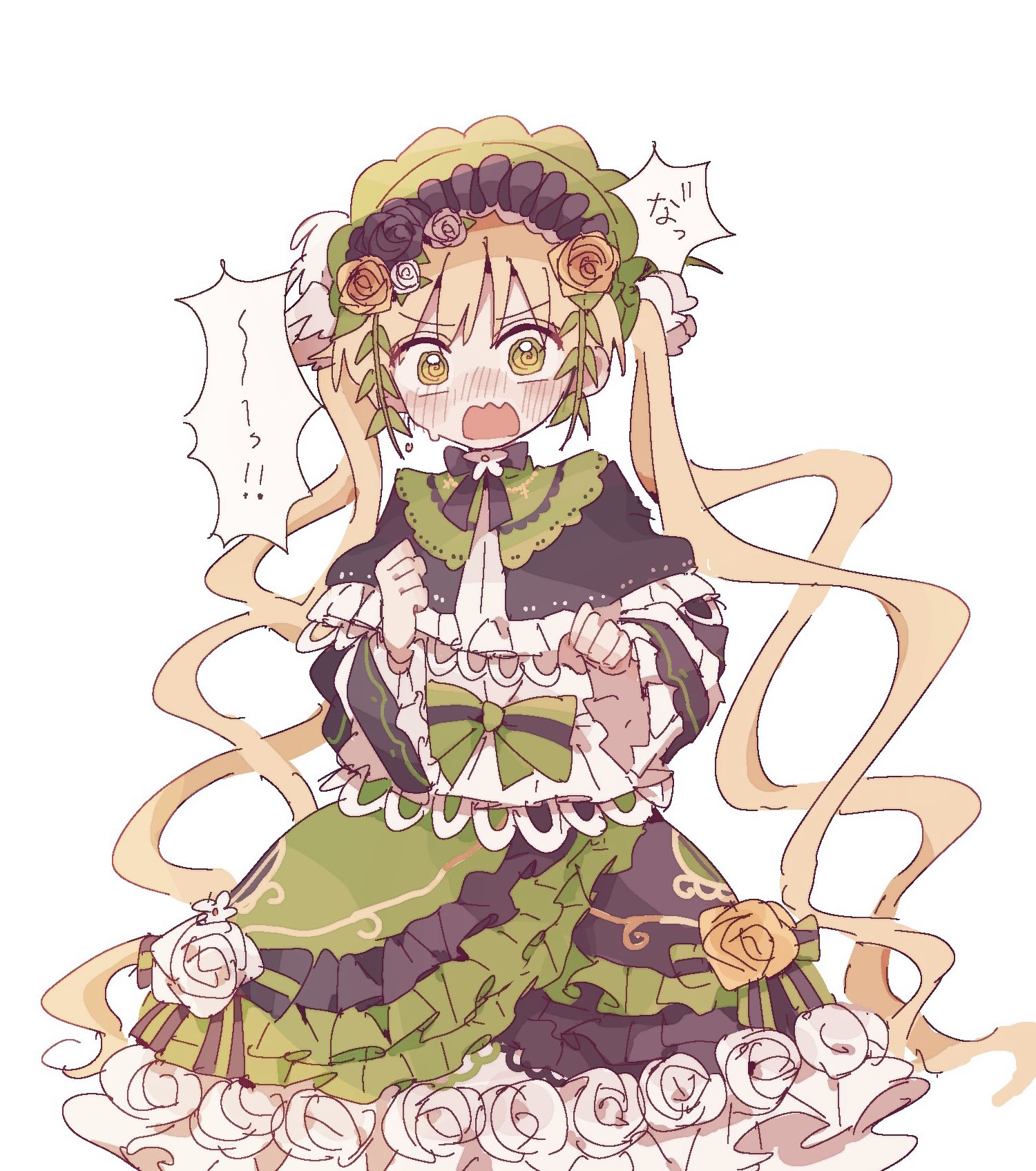 toruriri0718, tono hanna, mahou shoujo no majo saiban, commentary request, highres, translation request, 1girl, @ @, blonde hair, blush, bonnet, capelet, confused, dress, earrings, feet out of frame, flower, frilled capelet, frilled dress, frilled sleeves, frills, green dress, green eyes, hair flower, hair ornament, jewelry, lolita fashion, long hair, long sleeves, looking at viewer, nose blush, open mouth, simple background, solo, speech bubble, standing, surprised, twintails, very long hair, white background, wide-eyed