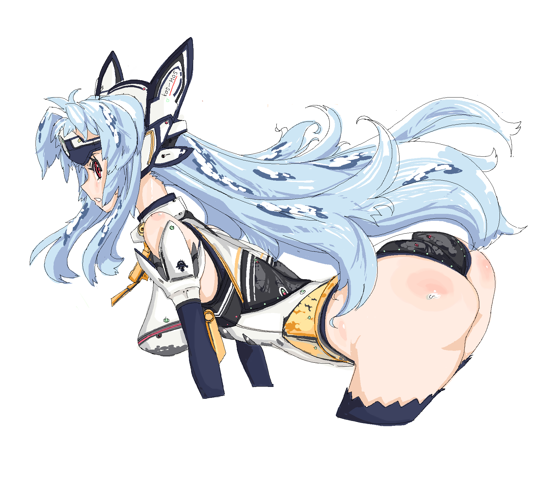 karakusa senbei, wr (karakusa senbei), kos-mos, kos-mos ver. 4, xenosaga, xenosaga episode iii, highres, 00s, 1girl, android, ass, bent over, blue hair, elbow gloves, female focus, gloves, long hair, panties, red eyes, solo, thighhighs, underwear