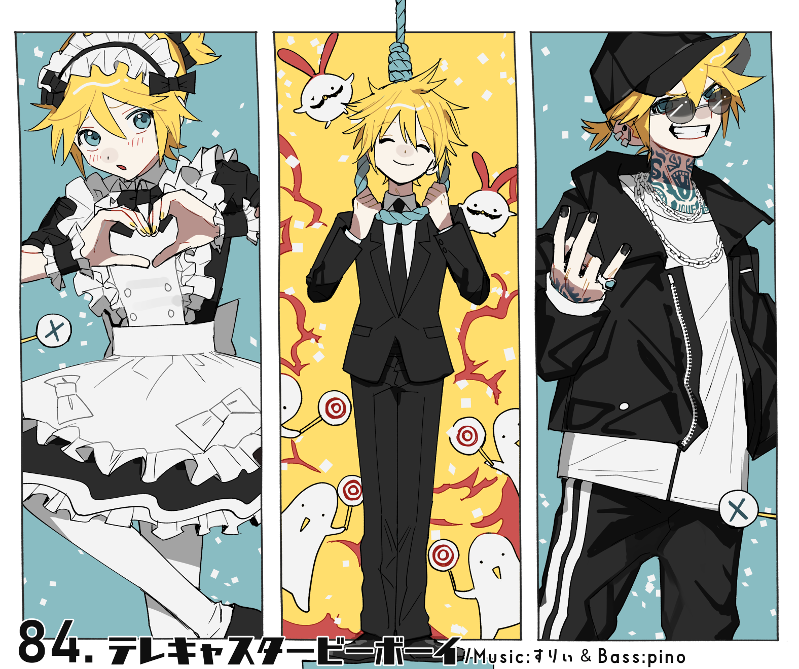 soyaka, kagamine len, telecaster b-boy (vocaloid), vocaloid, commentary request, highres, revision, 1boy, apron, baseball cap, black bow, black hat, black jacket, black nails, black necktie, black pants, black suit, blonde hair, blue eyes, bow, chain, chain necklace, closed eyes, crossdressing, crossdressing (mtf), dress, ear piercing, formal clothes, frilled apron, frilled dress, frills, grin, hair bow, hand tattoo, hat, heart, heart hands, holding, holding sign, imminent suicide, jacket, jewelry, maid, maid apron, maid headdress, male focus, neck tattoo, necklace, necktie, noose, one side up, pants, piercing, ponytail, ring, rope, short ponytail, sign, smile, suit, sunglasses, tattoo, track pants