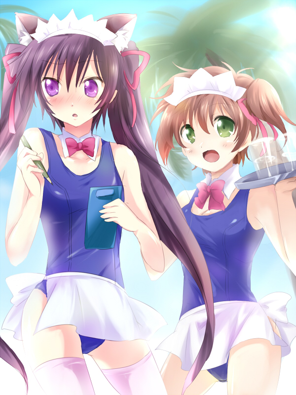 maruki (punchiki), kururugi suzaku, luluko, suzako, code geass, bad id, bad pixiv id, gender request, 00s, 2girls, animal ears, apron, black hair, brown hair, genderswap, green eyes, multiple girls, one-piece swimsuit, purple eyes, school swimsuit, swimsuit, thighhighs, twintails, waist apron