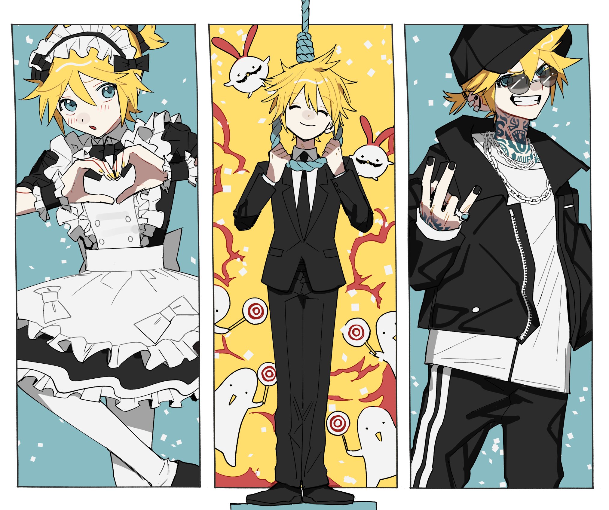 soyaka, kagamine len, telecaster b-boy (vocaloid), vocaloid, commentary request, highres, textless version, 1boy, apron, baseball cap, black bow, black hat, black jacket, black nails, black necktie, black pants, black suit, blonde hair, blue eyes, bow, chain, chain necklace, closed eyes, crossdressing, crossdressing (mtf), dress, ear piercing, formal clothes, frilled apron, frilled dress, frills, grin, hair bow, hand tattoo, hat, heart, heart hands, holding, holding sign, imminent suicide, jacket, jewelry, maid, maid apron, maid headdress, male focus, neck tattoo, necklace, necktie, noose, one side up, pants, piercing, ponytail, ring, rope, short ponytail, sign, smile, suit, sunglasses, tattoo, track pants
