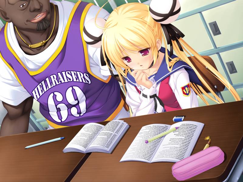 ashishun, john (machi gurumi no wana), takagi yui, machi gurumi no wana, game cg, jpeg artifacts, non-web source, 10s, 1boy, 1girl, 69, ahoge, bald, ball, basketball, basketball uniform, blonde hair, blush, book, breasts, bun cover, chair, classroom, clothes writing, dark-skinned male, dark skin, desk, double bun, facial hair, goatee, hair bun, imminent rape, interracial, jersey, jewelry, lips, long hair, necklace, nervous, pencil, pencil case, pink eyes, red eyes, ribbon, school, school uniform, serafuku, shirt, small breasts, smile, sportswear, studying, t-shirt, twintails, very long hair