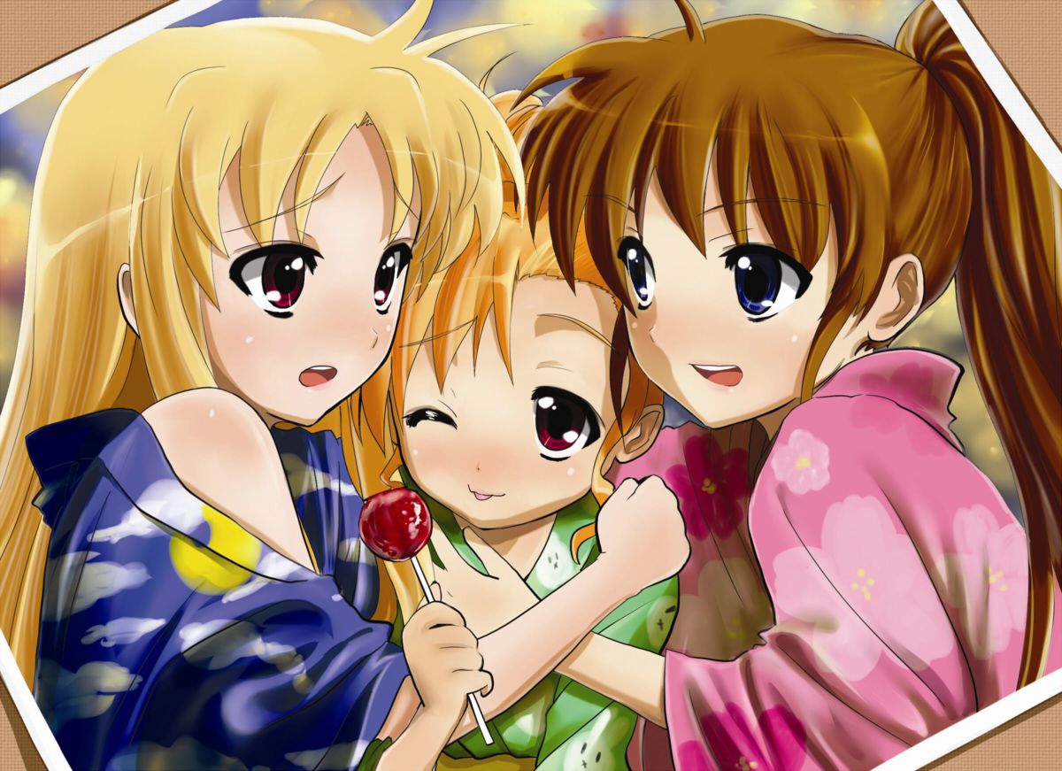 kohinore, fate testarossa, takamachi nanoha, vivio, lyrical nanoha, mahou shoujo lyrical nanoha, mahou shoujo lyrical nanoha strikers, clothes, 00s, 3girls, :p, ;p, animal print, blonde hair, blue eyes, blue kimono, brown hair, candy, candy apple, floral print, food, green kimono, heterochromia, japanese clothes, kimono, lollipop, long hair, multiple girls, off shoulder, one eye closed, pink kimono, ponytail, print kimono, purple eyes, rabbit print, red eyes, side ponytail, smile, tongue, tongue out, wink, yukata, yuri