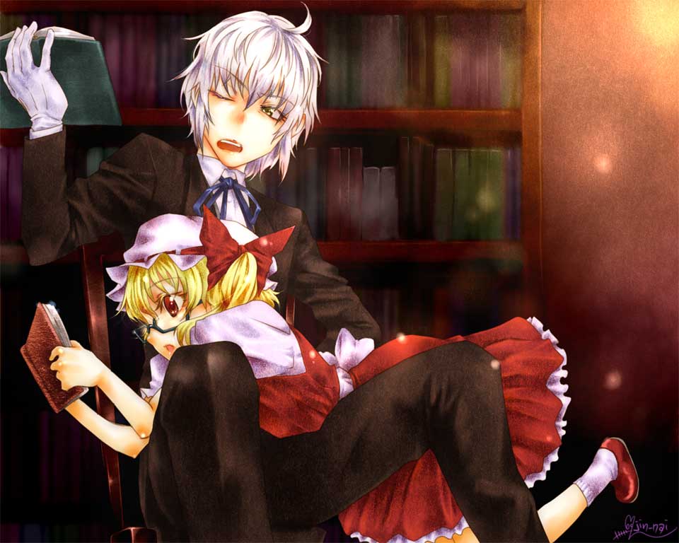jin nai, flandre scarlet, morichika rinnosuke, touhou, silver hair, 1boy, 1girl, ahoge, bespectacled, blonde hair, book, formal clothes, glasses, gloves, hat, hat ribbon, open book, open mouth, reading, red eyes, ribbon, shoes, short hair, short sleeves, side ponytail, skirt, skirt set, suit, yellow eyes