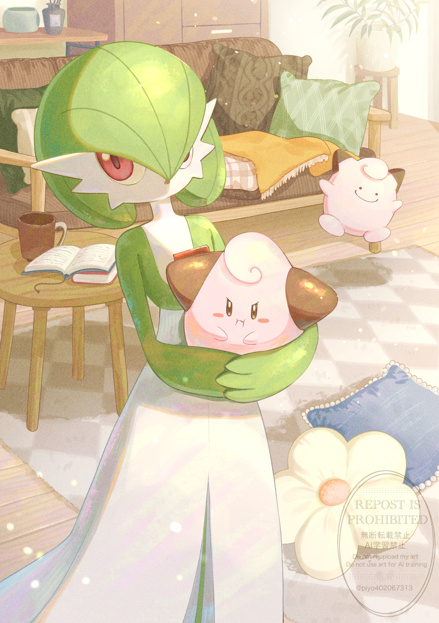 piyokonoenikki 04, cleffa, ditto, gardevoir, transformed ditto, nintendo, pokemon, commentary request, highres, bob cut, carpet, colored skin, couch, dress, gen 1 pokemon, gen 2 pokemon, gen 3 pokemon, green hair, green skin, holding, holding pokemon, indoors, multicolored skin, pillow, pink eyes, pink skin, pokemon (creature), pokemon focus, table, two-tone skin, watermark, white dress, white skin