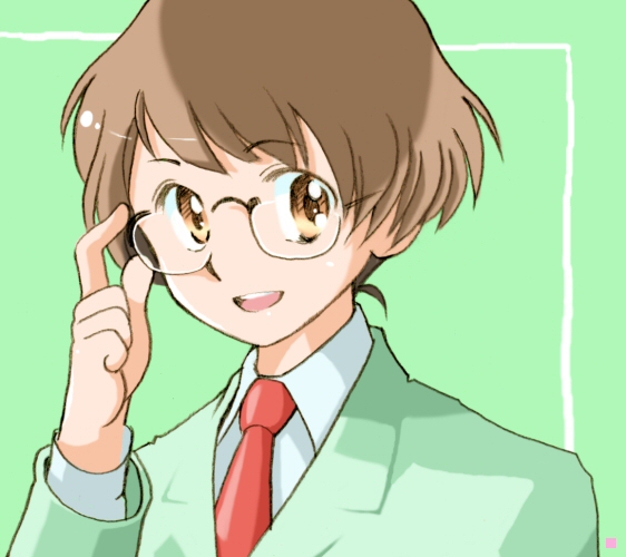 ebi-rom, akizuki ryo, idolmaster, idolmaster dearly stars, gender request, 00s, androgynous, brown eyes, brown hair, formal clothes, glasses, male focus, necktie, short hair, smile, suit