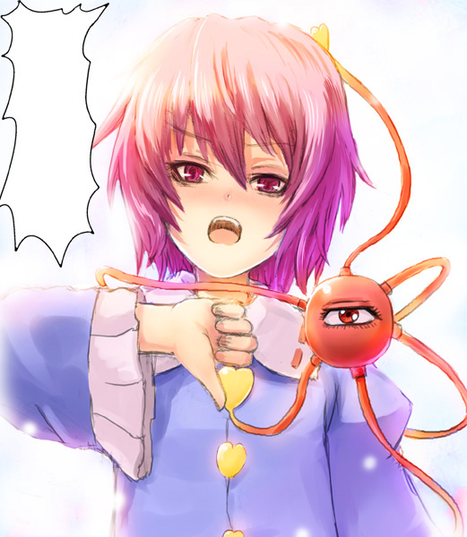 mitsuki yuuya, komeiji satori, touhou, 1girl, female focus, hairband, heart, pink eyes, pink hair, short hair, solo, template, upper body, white background