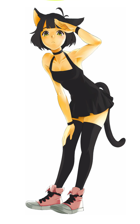 9aki, akizuki ryo, idolmaster, idolmaster dearly stars, bad id, bad pixiv id, 00s, 1boy, animal ears, antenna hair, armpits, black hair, black thighhighs, cat ears, cat tail, choker, crossdressing, crossdressing (mtf), dress, halterneck, leaning forward, legs, shading eyes, shoes, short hair, sneakers, solo, tail, thighhighs, trap, yellow eyes