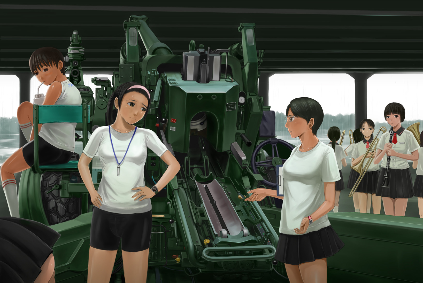 mimura kaoru, original, highres, 6+girls, artillery, ass, band (music), bike shorts, cannon, clarinet, drink, fh-70, glasses, hairband, hands on own hips, instrument, kneehighs, multiple girls, shorts, sitting, skirt, socks, trombone, tuba, whistle, white socks