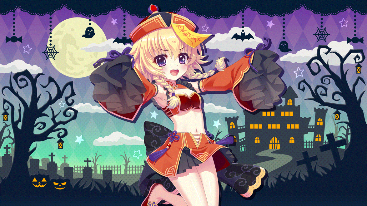 izumi tsubasu, hasegawa mii, re:stage!, game cg, non-web source, official art, 1girl, :d, argyle background, armpits, bare shoulders, bat ornament, black skirt, blonde hair, blush, braid, breasts, candy, castle, cleavage, cleavage cutout, clothing cutout, cloud, cowboy shot, crop top, dot nose, fence, film grain, food, full moon, ghost ornament, gradient sky, graveyard, green sky, halloween, halloween costume, hat, jack-o'-lantern, jiangshi costume, lantern, long hair, looking at viewer, low-tied long hair, moon, navel, no socks, ofuda, open mouth, outstretched arms, path, purple eyes, purple sky, qingdai guanmao, red hat, red shoes, red skirt, red sleeves, road, shoes, silk, skirt, sky, sleeveless, sleeves past fingers, sleeves past wrists, small breasts, smile, solo, sparkling eyes, spider web, standing, standing on one leg, star (symbol), stomach, teeth, tombstone, tree, twin braids, two-tone skirt, upper teeth only, wide sleeves, zombie pose