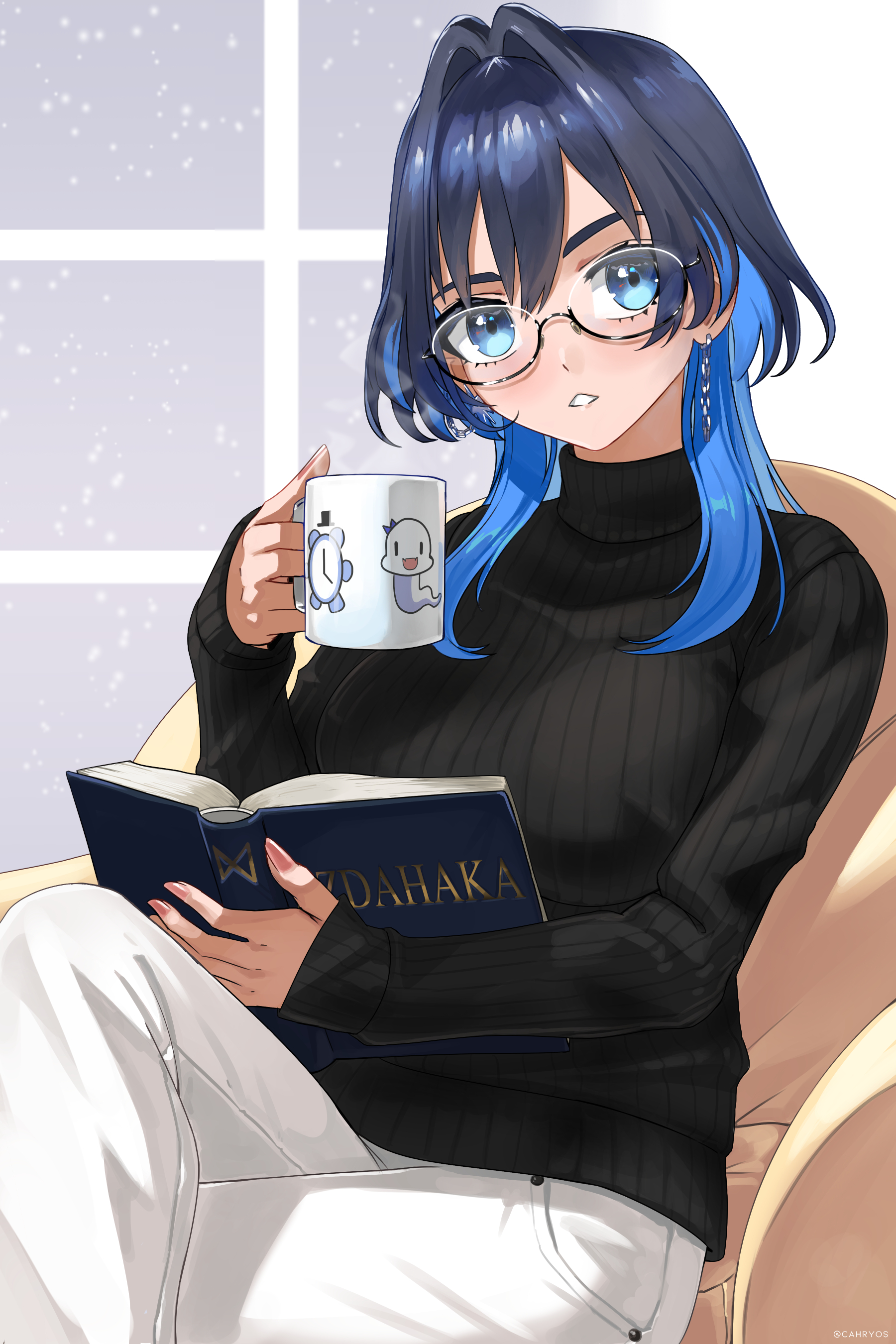 cahryos, boros (ouro kronii), kronie (ouro kronii), ouro kronii, hololive, hololive english, absurdres, commentary, highres, 1girl, alternate costume, black hair, black sweater, blue eyes, blue hair, book, breasts, chain, chain earrings, choppy bangs, colored inner hair, couch, crossed legs, cup, earrings, fingernails, glasses, hair intakes, holding, holding book, holding cup, jewelry, light blush, long sleeves, looking at viewer, medium hair, multicolored hair, official alternate hairstyle, on couch, pants, parted lips, ribbed sweater, semi-rimless eyewear, sitting, solo, sweater, turtleneck, turtleneck sweater, two-tone hair, under-rim eyewear, virtual youtuber, white pants, wolf cut