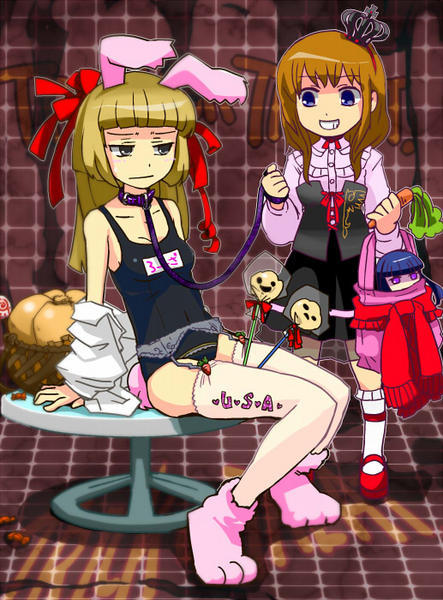 ushiromiya maria, ushiromiya rosa, umineko no naku koro ni, 00s, 2girls, age difference, garter straps, leash, mother and daughter, multiple girls, rabbit ears, thighhighs