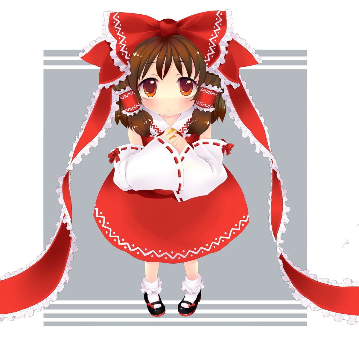 sususuyo, suzushiro sayu, hakurei reimu, touhou, bad id, bad pixiv id, 1girl, bow, brown hair, detached sleeves, female focus, hair bow, hair ribbon, japanese clothes, mary janes, miko, red eyes, ribbon, shoes, short hair, solo