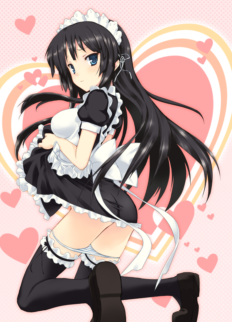 achunchun, chun (friendly sky), akiyama mio, k-on!, bad id, bad pixiv id, 00s, 1girl, alternate costume, apron, black hair, blue eyes, enmaided, female focus, kneeling, long hair, maid, maid apron, panties, panty pull, solo, thighhighs, underwear