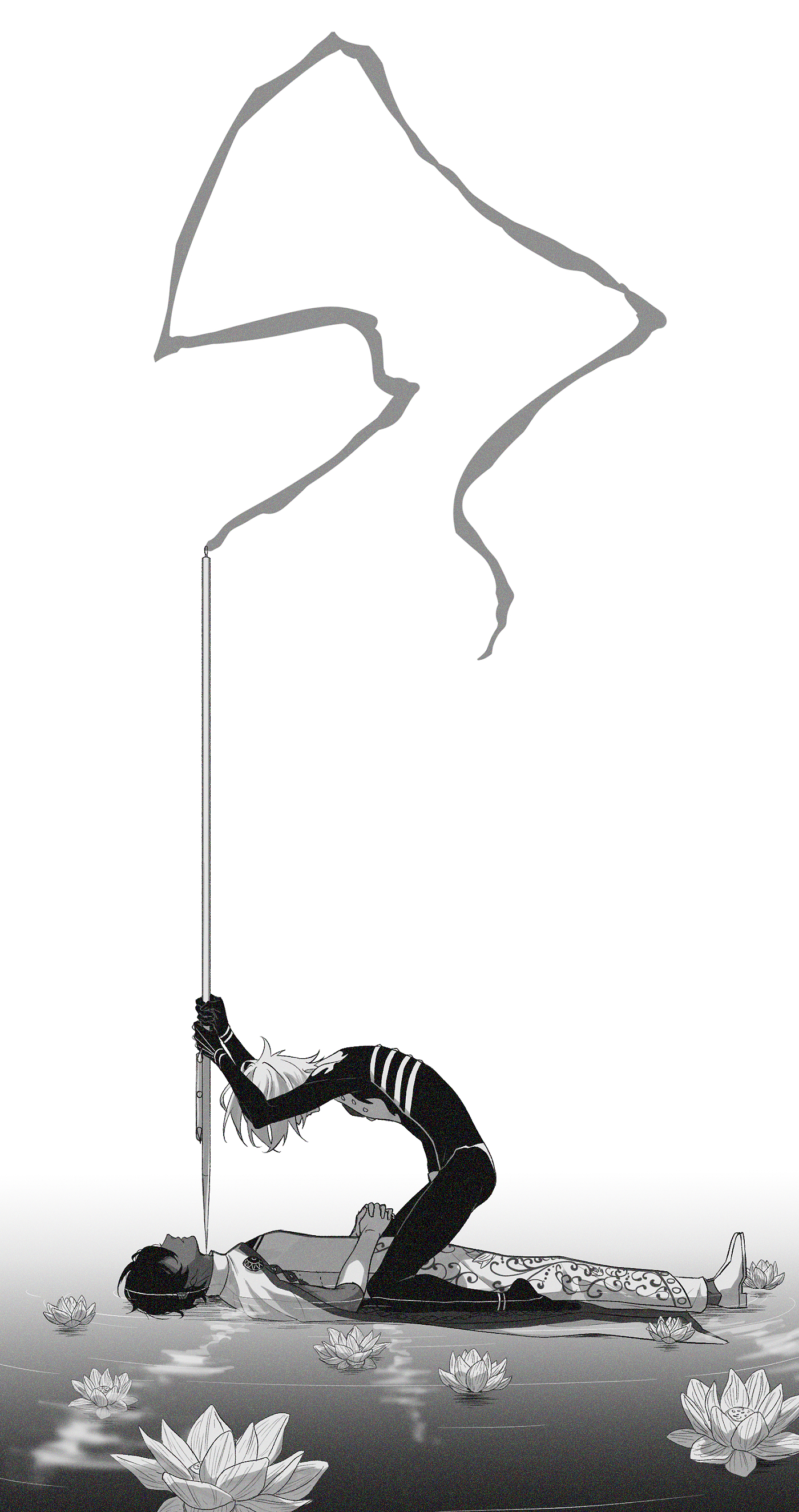 fuka (hk nemo), arjuna (fate), karna (fate), fate/grand order, fate (series), absurdres, commentary request, highres, 2boys, bodysuit, flower, full body, gloves, greyscale, holding, holding polearm, holding weapon, imminent murder, kneeling, lotus, male focus, monochrome, multiple boys, polearm, ripples, short hair, weapon, weapon to neck