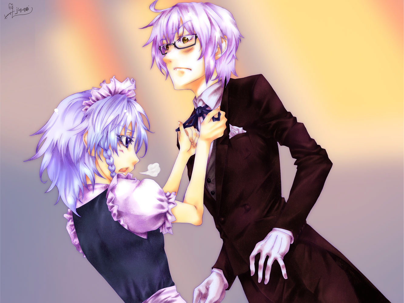 jin nai, izayoi sakuya, morichika rinnosuke, touhou, 1boy, 1girl, butler, glasses, gloves, maid, maid headdress, necktie