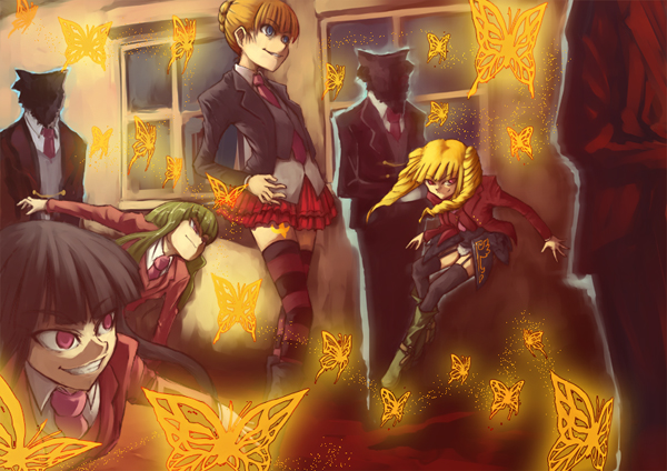 beatrice (umineko), beelzebub (umineko), goatman (umineko), leviathan (umineko), lucifer (umineko), stakes of purgatory, 07th expansion, no naku koro ni (series), umineko no naku koro ni, 00s, 4girls, black hair, black thighhighs, blonde hair, blue eyes, boots, bug, butterfly, evil smile, green hair, grin, insect, long hair, multiple girls, necktie, purple eyes, red eyes, red skirt, skirt, smile, striped clothes, striped thighhighs, thighhighs, twintails