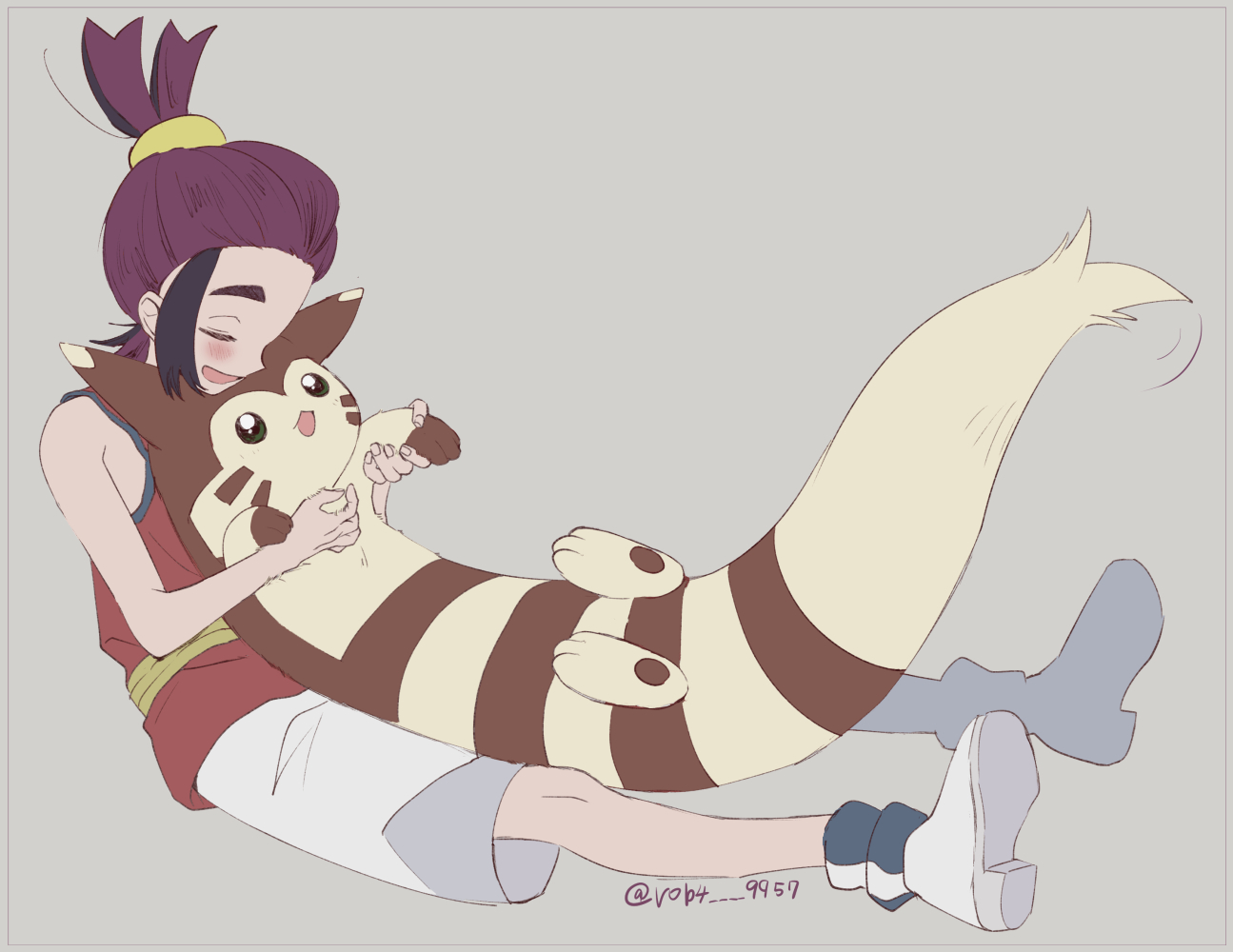shibahu no niwa, furret, kieran (pokemon), nintendo, pokemon, pokemon sv, commentary request, 1boy, black hair, blue socks, blush, closed eyes, gen 2 pokemon, green eyes, grey background, male focus, open mouth, pokemon (creature), purple hair, red tank top, shoes, shorts, simple background, sitting, socks, tank top, twitter username, white shoes, white shorts