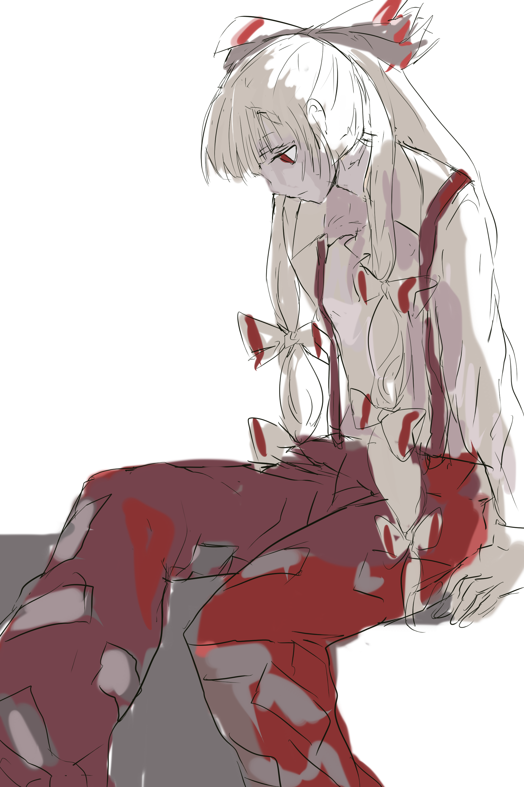 kai (kai 013), fujiwara no mokou, touhou, absurdres, bad id, bad pixiv id, highres, 1girl, bow, female focus, hair bow, monochrome, red eyes, simple background, sitting, sketch, solo, spot color, white background