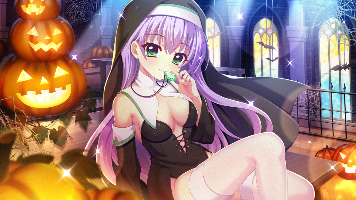 izumi tsubasu, hokaze kanade, re:stage!, game cg, non-web source, official art, 1girl, arm support, bare shoulders, bat ornament, black bustier, black sleeves, blurry, blurry foreground, blush, breasts, brick wall, bug, bustier, closed mouth, detached sleeves, dot nose, fence, film grain, gem, green eyes, green gemstone, halloween, halloween costume, hand up, holding, indoors, iron fence, ivy, jack-o'-lantern, jewelry, knees up, large breasts, lens flare, long hair, looking at viewer, necklace, nun, on table, purple hair, silk, sitting, smile, solo, sparkle, spider, spider web, table, thighhighs, white thighhighs, window