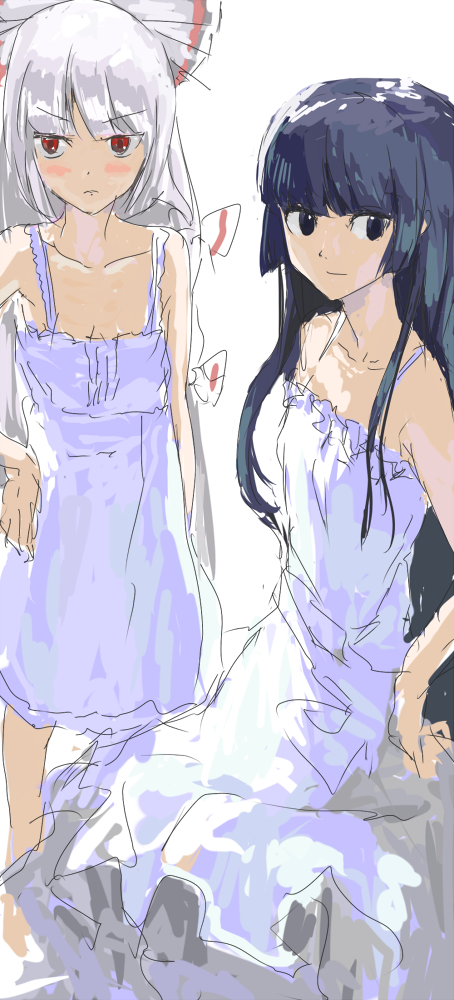 kai (kai 013), fujiwara no mokou, houraisan kaguya, touhou, bad id, bad pixiv id, 2girls, blunt bangs, dress, female focus, frown, hand on own hip, multiple girls, sketch, sundress, white background