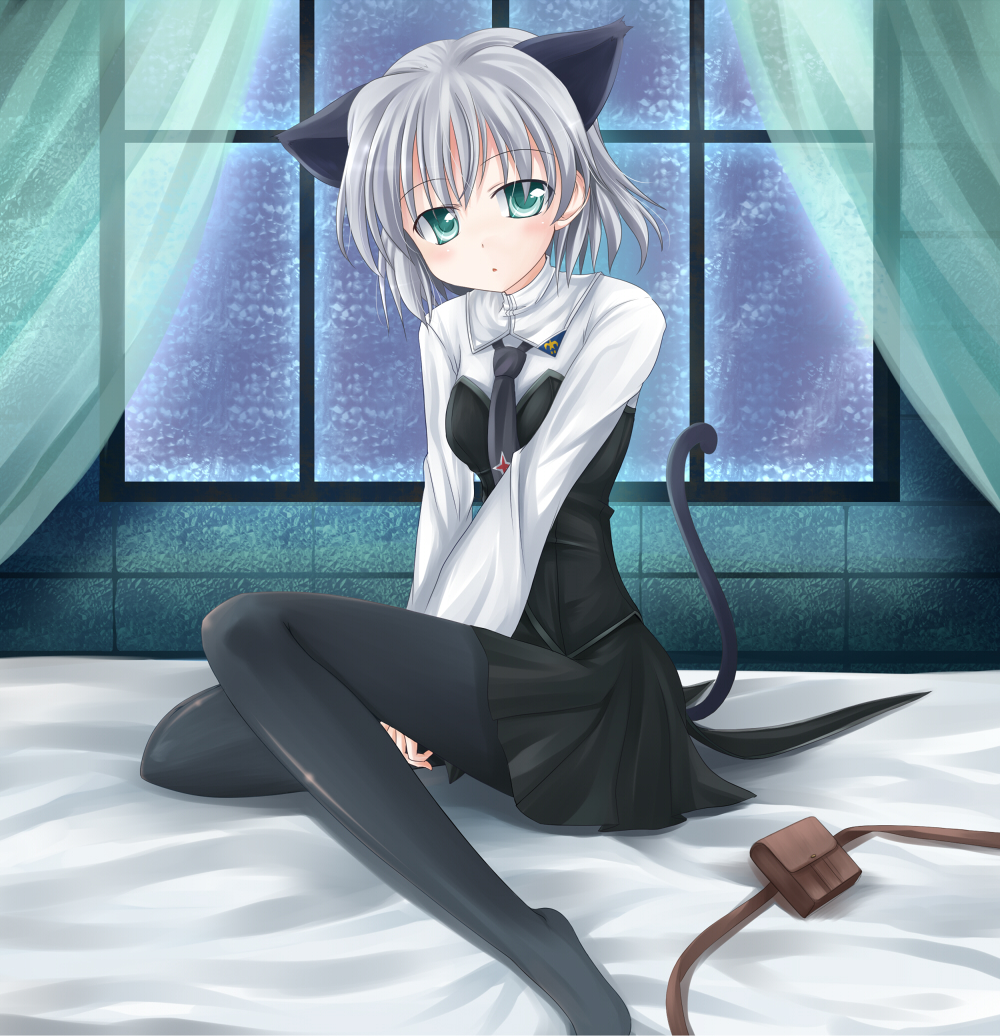 makino (ukiuo), sanya v. litvyak, strike witches, world witches series, silver hair, 00s, 1girl, animal ears, bed, black pantyhose, cat ears, cat tail, female focus, green eyes, necktie, pantyhose, short hair, solo, tail