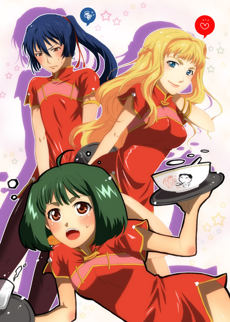 hamu (artist), ranka lee, saotome alto, sheryl nome, macross, macross frontier, bad id, bad pixiv id, 00s, 1boy, 2girls, blonde hair, blue eyes, blue hair, blush, brown eyes, china dress, chinese clothes, dress, green hair, multiple girls, pantyhose, smile