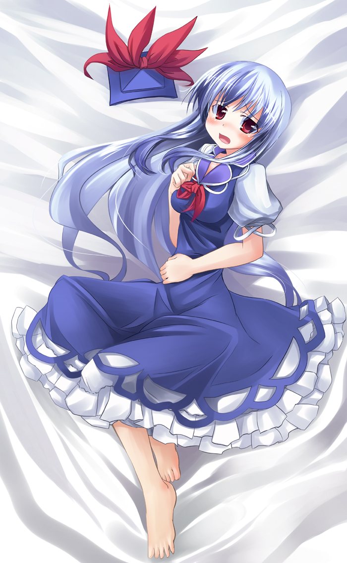 makino (ukiuo), kamishirasawa keine, touhou, 1girl, barefoot, blue hair, blush, feet, female focus, full body, hat, long hair, lying, red eyes, solo