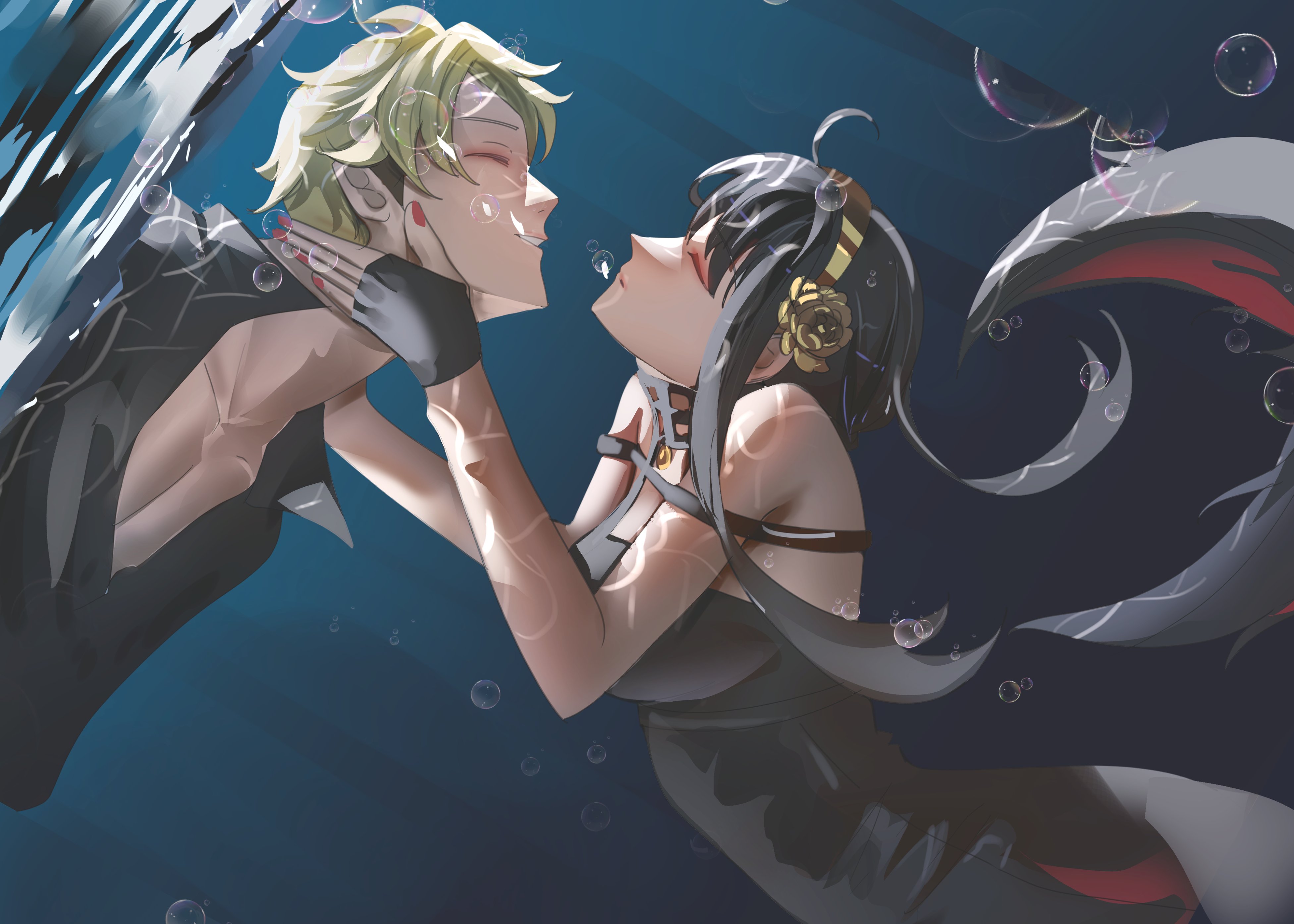 notgustiarp, twilight (spy x family), yor briar, spy x family, absurdres, commentary, english commentary, highres, 1boy, 1girl, bare shoulders, black dress, black hair, breasts, cleavage, dress, earrings, flower, gloves, gold earrings, gold hairband, hair ornament, hairband, husband and wife, jewelry, large breasts, long hair, sidelocks, two-sided dress, two-sided fabric