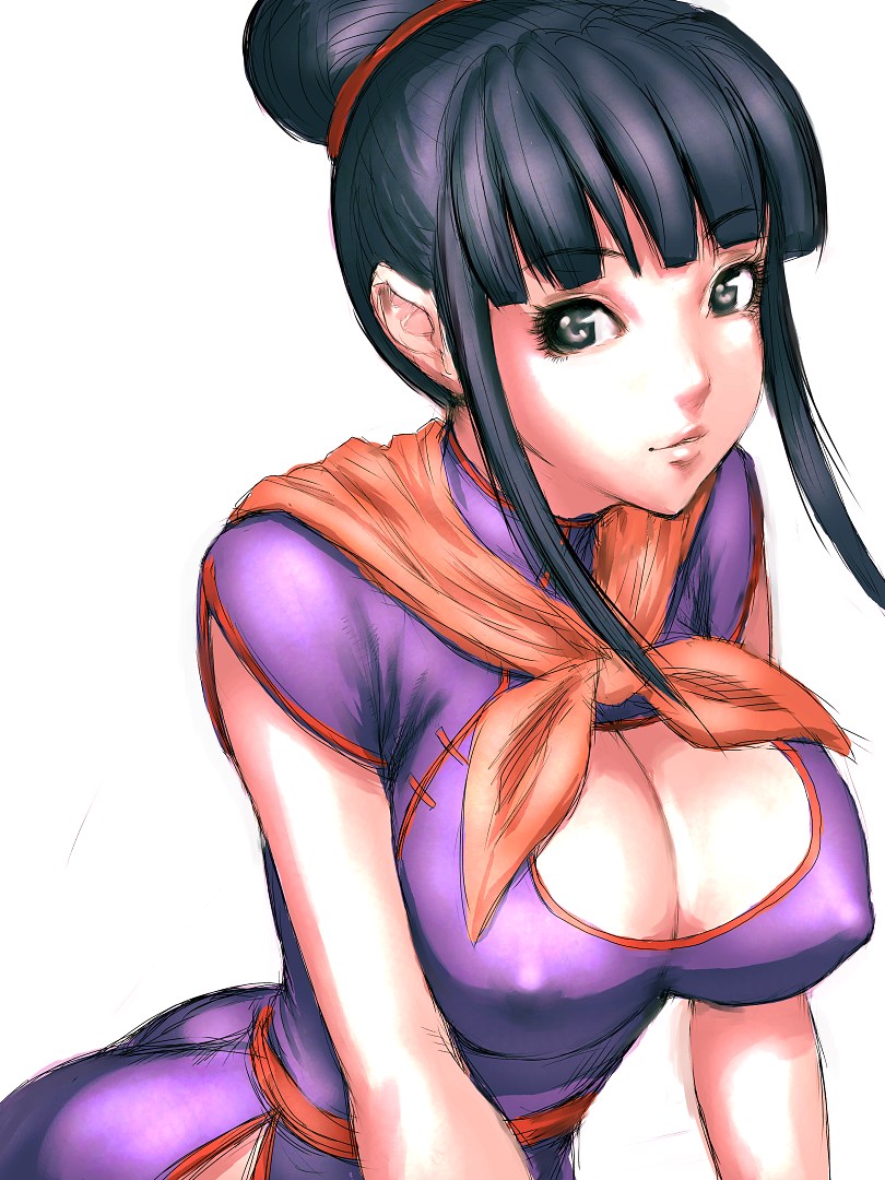 fumio (rsqkr), chi-chi (dragon ball), dragon ball, dragonball z, 1girl, ascot, black eyes, black hair, breasts, cleavage, cleavage cutout, clothing cutout, covered erect nipples, female focus, hair bun, hime cut, large breasts, solo