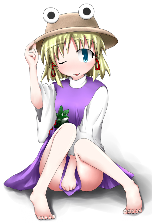 baerun, moriya suwako, touhou, 1girl, adjusting clothes, adjusting headwear, bad anatomy, bad feet, barefoot, blonde hair, blue eyes, covering crotch, covering privates, feet, female focus, frog, full body, gradient background, hat, one eye closed, poorly drawn, short hair, skirt, skirt tug, solo, tongue, white background, wink