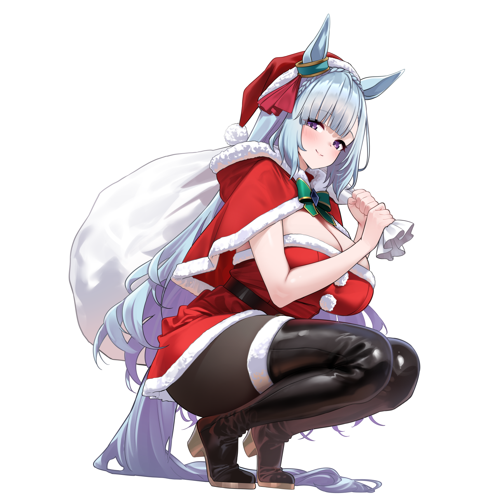 herohero (higashi no dou), mejiro ardan (umamusume), umamusume, commentary request, highres, 1girl, alternate breast size (larger), animal ears, black boots, black pantyhose, blue hair, blush, boots, breasts, capelet, cleavage, closed mouth, comiket 107, dress, hat, high heel boots, high heels, holding, holding sack, horse ears, horse girl, horse tail, huge breasts, large breasts, long hair, pantyhose, purple eyes, red capelet, red dress, red hat, sack, sack behind back, santa costume, santa dress, santa hat, sidelocks, simple background, smile, solo, squatting, tail, thigh boots, white background