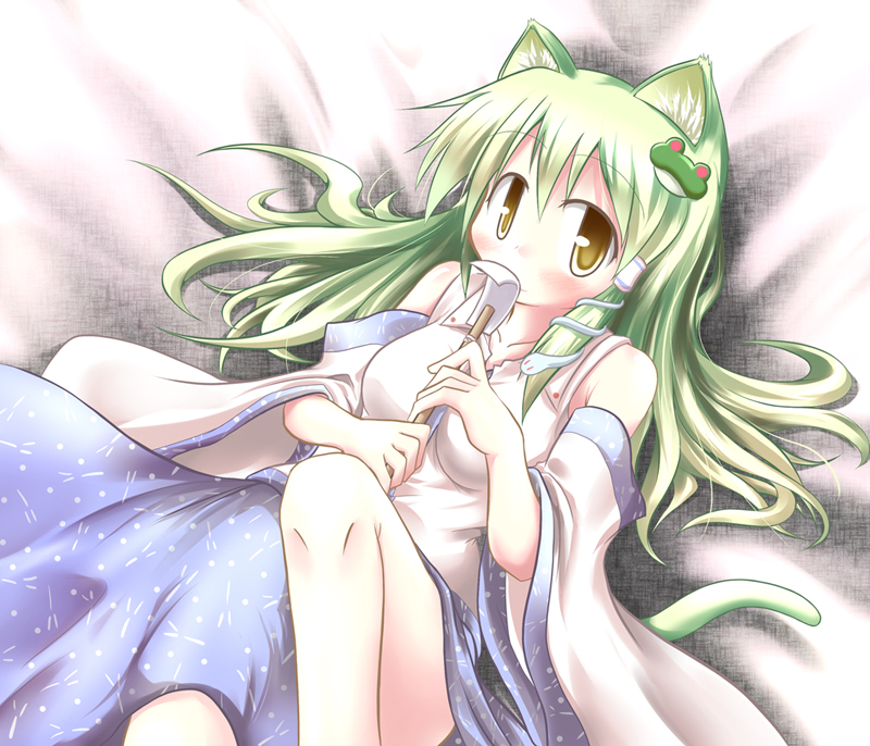 baerun, kochiya sanae, touhou, 1girl, animal ears, blush, cat ears, cat girl, cat tail, detached sleeves, female focus, frog, gohei, green hair, kemonomimi mode, lying, on back, oonusa, snake, solo, tail, yellow eyes