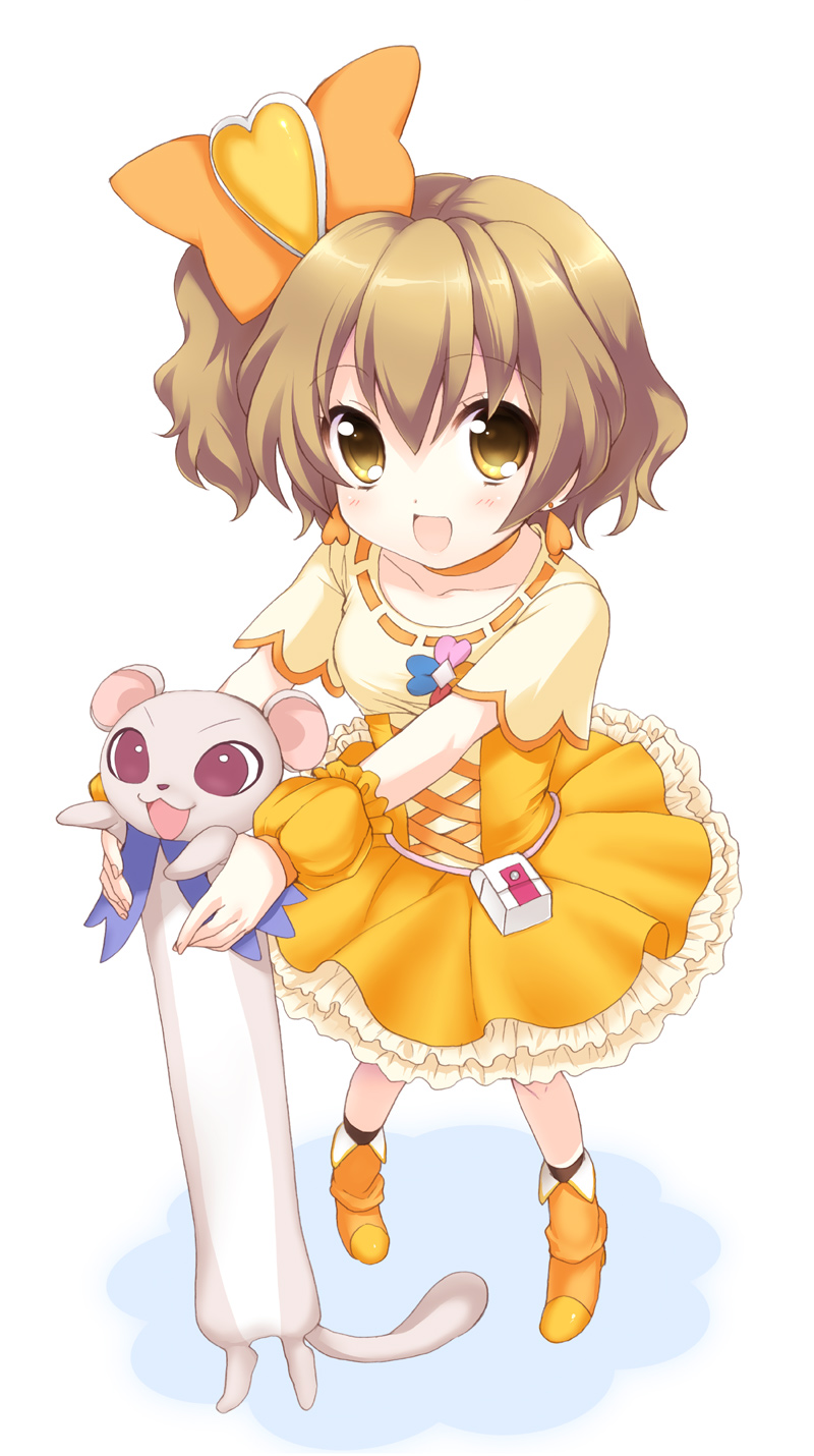 usashiro mani, cure pine, tart (fresh precure!), yamabuki inori, fresh precure!, precure, bad id, bad pixiv id, highres, 00s, 1girl, brown hair, hair ornament, heart, heart hair ornament, longcat (meme), magical girl, meme, short hair, wrist cuffs, yellow eyes