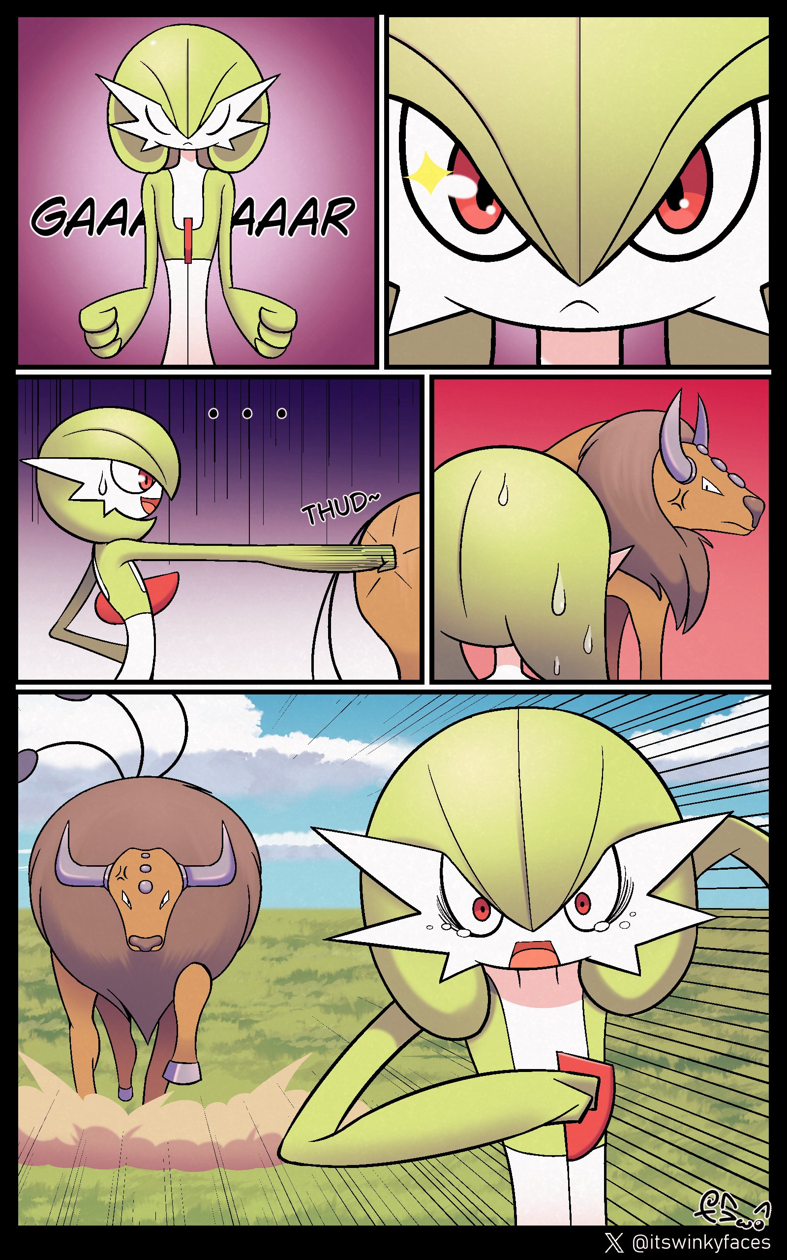 winkyfaces, gardevoir, tauros, nintendo, pokemon, absurdres, highres, …, anger vein, artist name, bob cut, brown fur, colored skin, emphasis lines, fleeing, gen 1 pokemon, gen 3 pokemon, grass, green hair, green skin, horns, multicolored skin, pink eyes, pokemon (creature), punching, signature, sweatdrop, two-tone skin, white skin