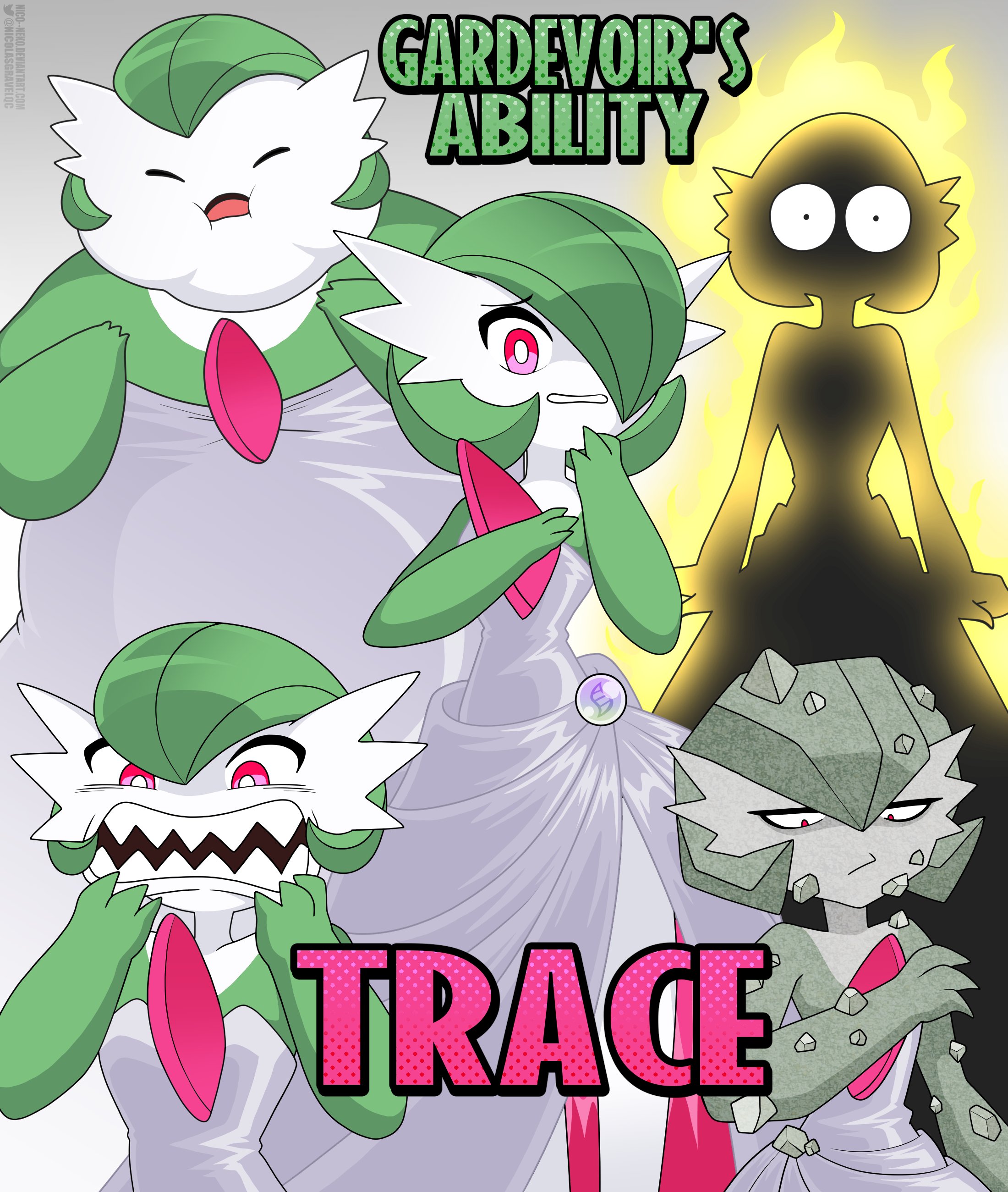 nico-neko, gardevoir, nintendo, pokemon, absurdres, commentary, english commentary, highres, 1girl, artist name, bob cut, burning, colored skin, dress, fat, flame body (pokemon), gen 3 pokemon, green hair, green skin, grey dress, mega stone, multicolored skin, multiple views, pink eyes, pokemon (creature), sharp teeth, teeth, thick fat (pokemon), trace (pokemon ability), two-tone skin, white skin