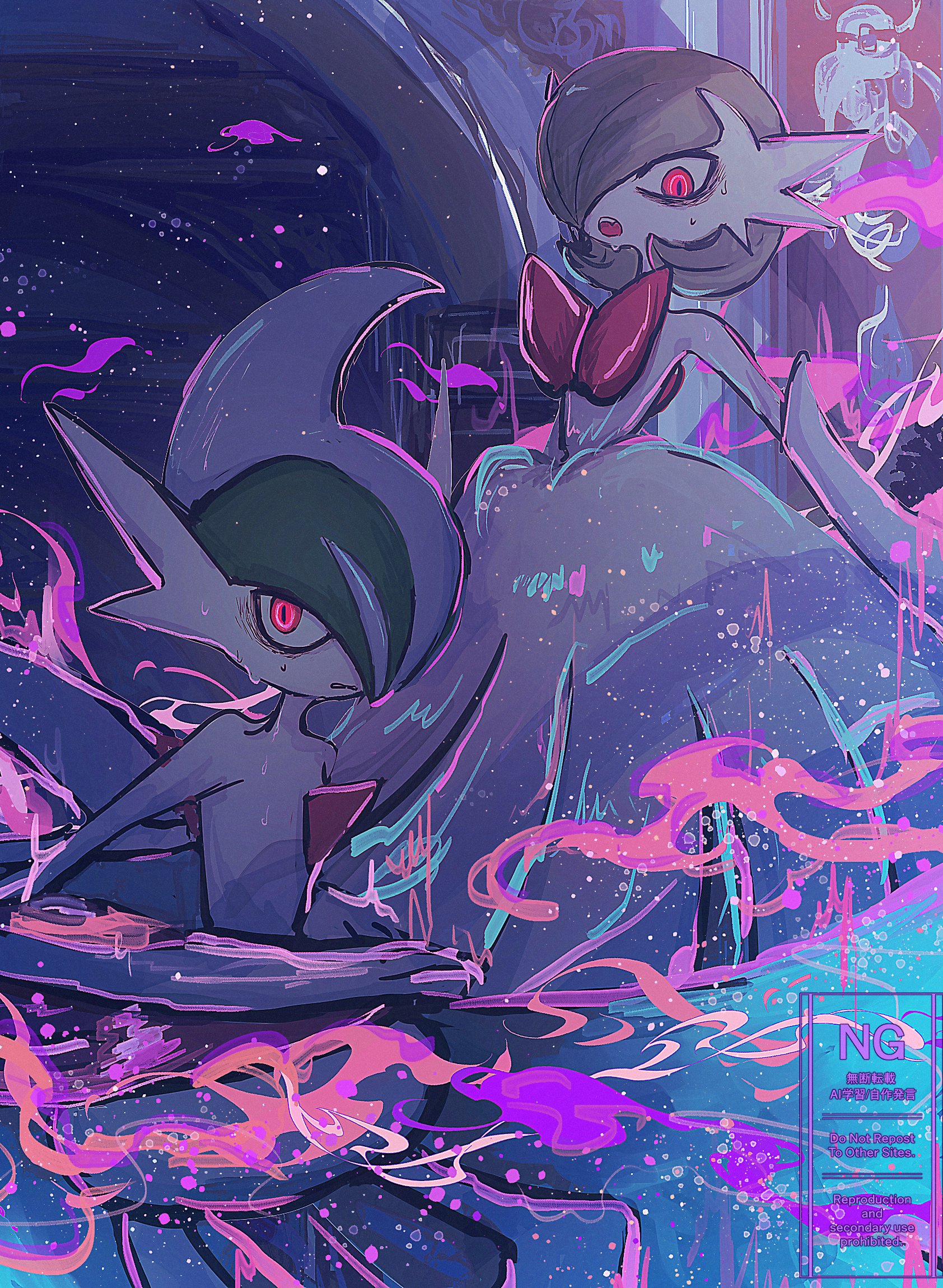 horimhkw11, gallade, gardevoir, mega gallade, mega gardevoir, nintendo, pokemon, pokemon legends: z-a, commentary request, highres, colored skin, dress, elbow gloves, gen 3 pokemon, gen 4 pokemon, gloves, green hair, hair over one eye, looking at viewer, mega pokemon, pink eyes, pokemon (creature), watermark, white dress, white gloves, white skin