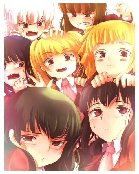 asmodeus (umineko), beelzebub (umineko), belphegor (umineko), leviathan (umineko), lucifer (umineko), mammon (umineko), satan (umineko), stakes of purgatory, umineko no naku koro ni, silver hair, 00s, 6+girls, black hair, blonde hair, blush, brown hair, drill hair, multiple girls, necktie, pink necktie, red eyes, red hair, ryukishi07 (style), seven deadly sins, smile, twintails