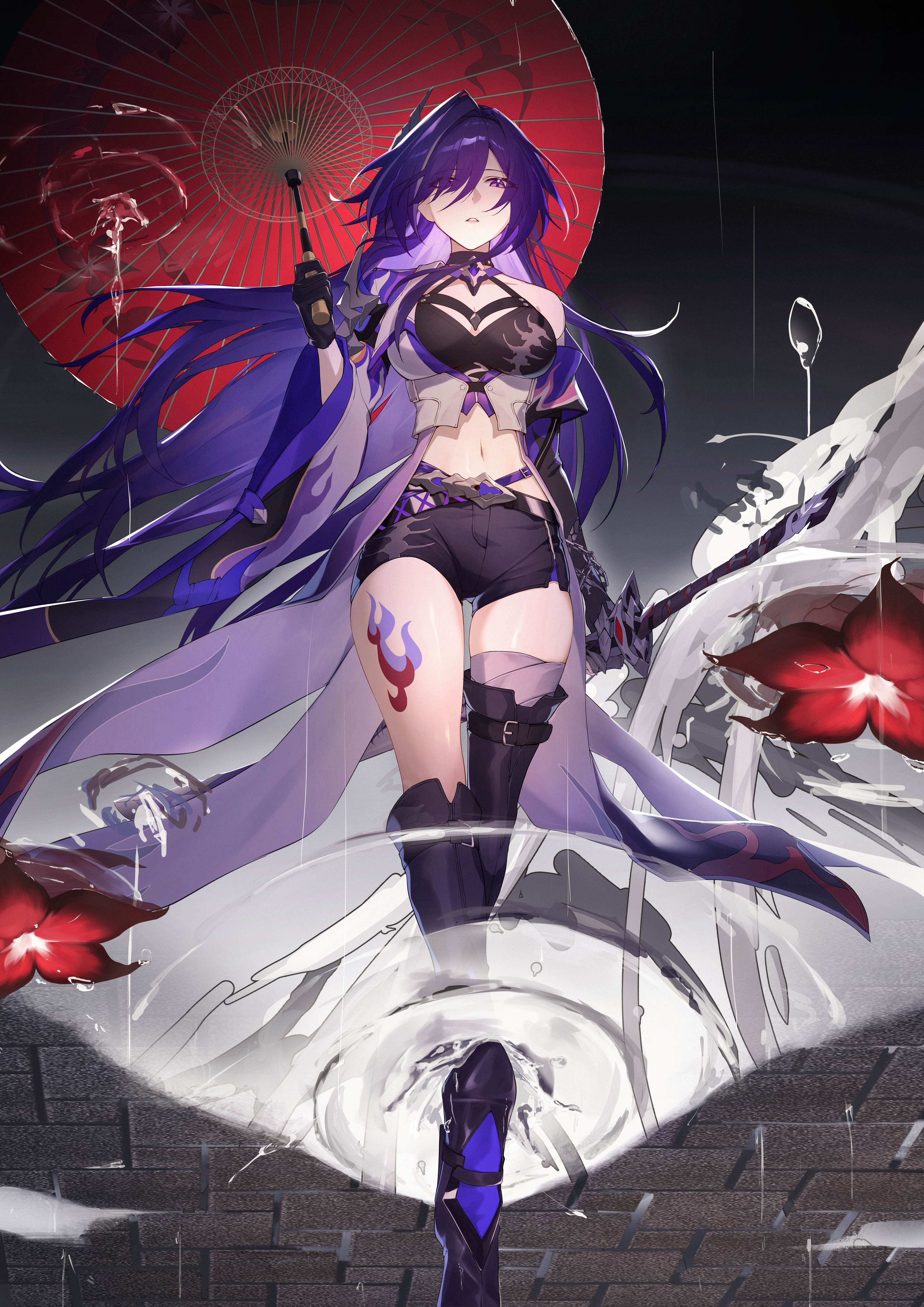 wussensei, acheron (honkai: star rail), honkai: star rail, honkai (series), absurdres, commentary, highres, 1girl, asymmetrical legwear, bandages, belt, boots, breasts, buckle, choker, crop top, earrings, flame print, flower, gloves, hair ornament, hair over one eye, high heel boots, high heels, jacket, jewelry, large breasts, leg tattoo, long hair, looking down, navel, oil-paper umbrella, open clothes, open jacket, puddle, purple eyes, purple hair, red flower, reflection, single bare shoulder, single earring, skeleton, strap, sword, tattoo, thighs, umbrella, very long hair, water drop, weapon, white streaks