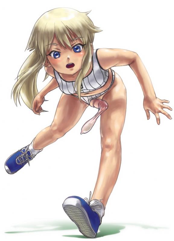 calpara, duplicate, blonde hair, condom, cum, ejaculation, futanari, penis, uncensored