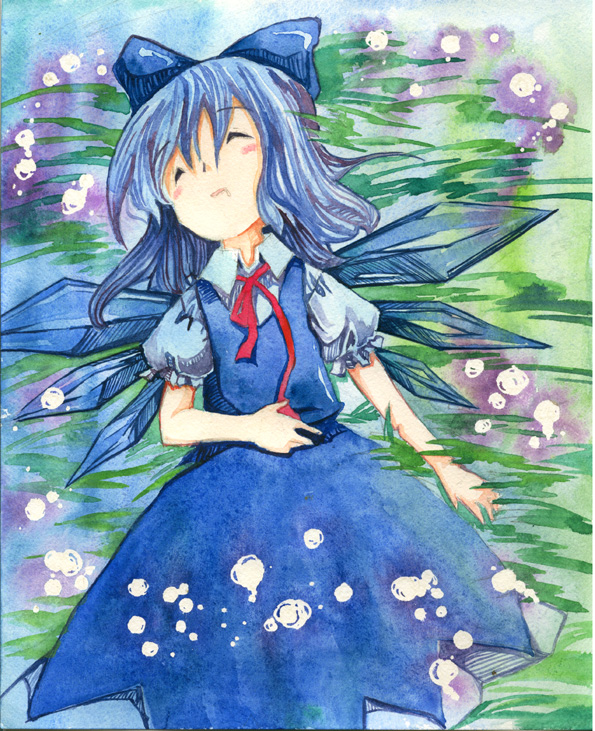 shiroaisa, cirno, embodiment of scarlet devil, touhou, painting (medium), traditional media, watercolor (medium), blue hair, bow, drooling, lying, on back, saliva, short hair, sleeping, wings